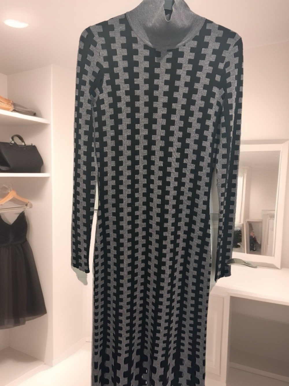 Black and Gray Checkered Diane Von Furstenberg Merino Wool Dress With Cut Outs